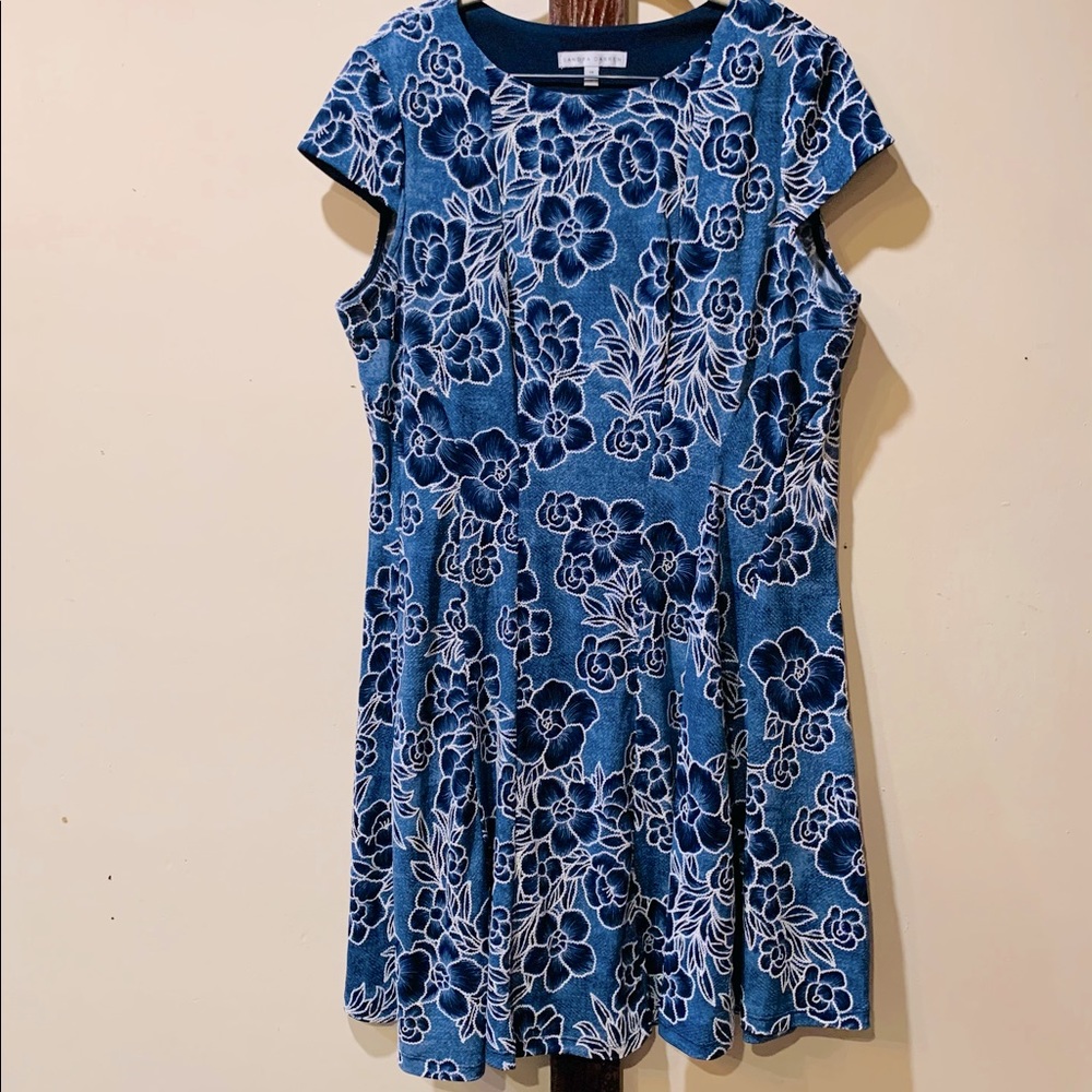 Sandra Darren Blue Tropical Floral Print Dress